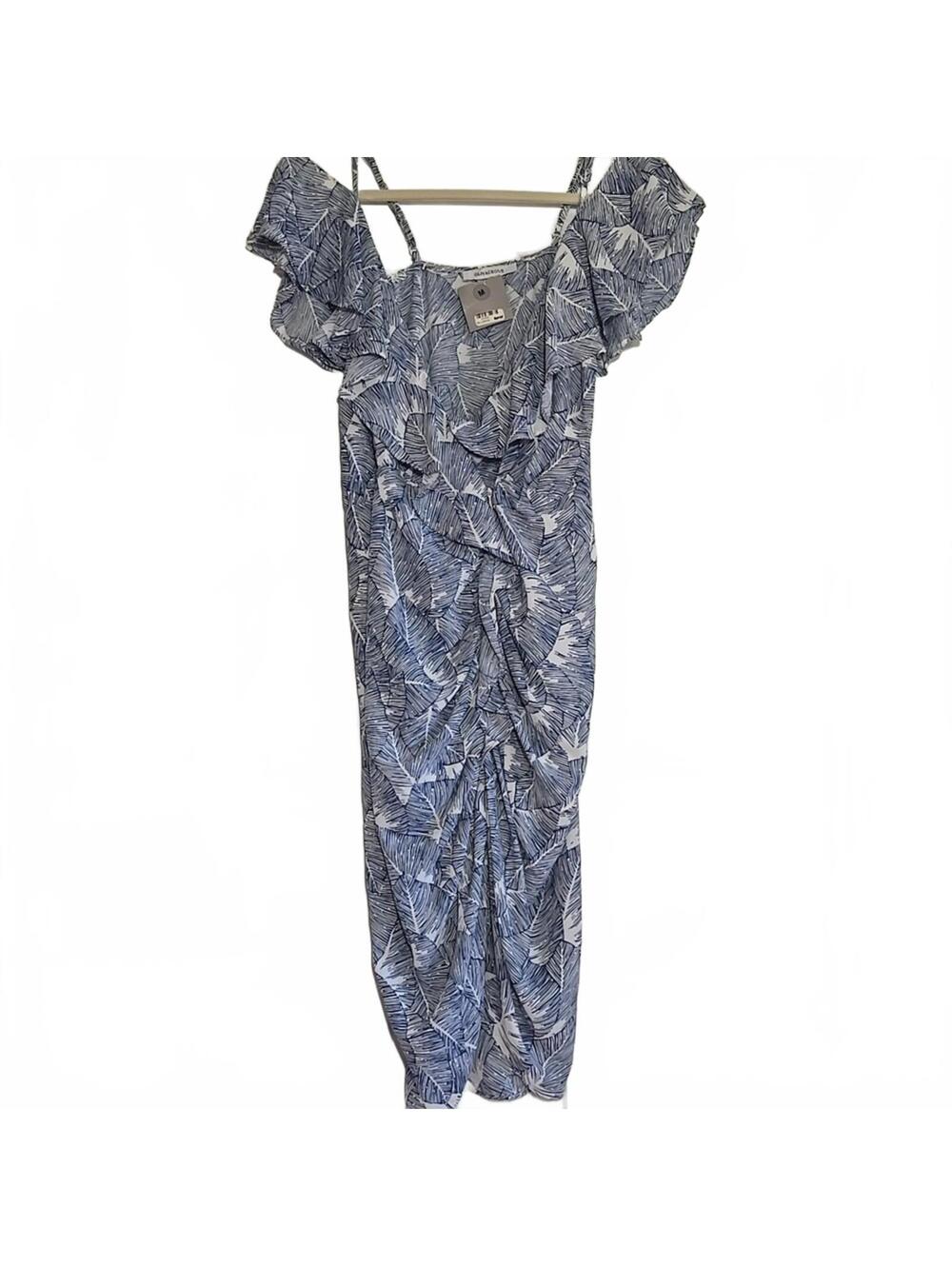 Olivaceous Blue White Leaf Print Asymetric Hidden Zipper Ruched Dress M New